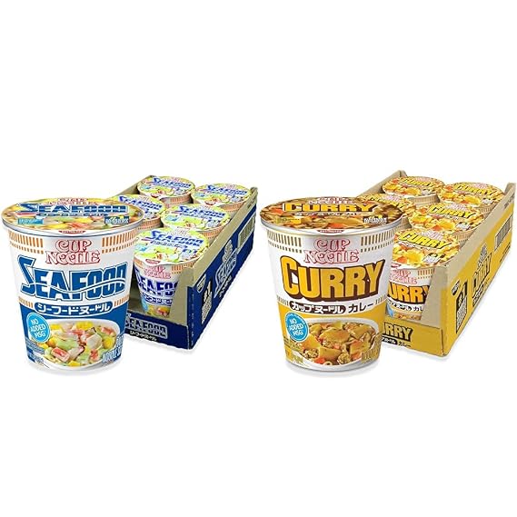 Nissin Cup Noodles Variety Pack - Seafood (2.68 oz) and Curry (2.82 oz) Ramen Noodle Soup, 6 Cups Each