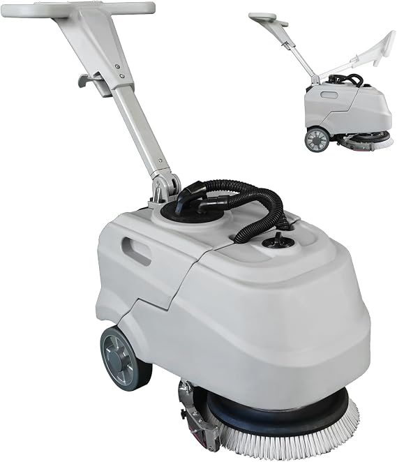 13.7" Walk Behind Floor Scrubber Machine, Foldable Hand Push Floor Scrubber, 17L Large Tank, 180 RPM High-Efficiency Battery Powered for Office, Restaurant, Industrial & Commercial