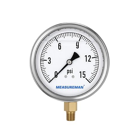 MEASUREMAN Glycerin Filled Plumbing Pressure Gauge 0-15psi Stainless Steel Case, 4" Dial 1/4" NPT Brass Lower Mount, Suitable for Water Systems, Pneumatic Equipment, RVs, Home Plumbing