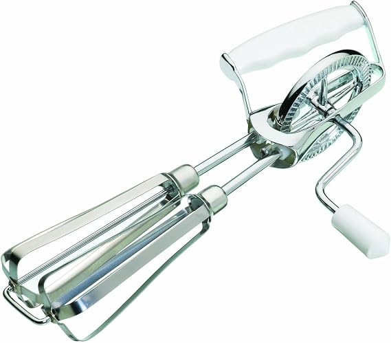 KitchenCraft Rotary Hand Whisk, Stainless Steel Manual Mixer, Plastic Handle, Silver/White, 6.5 x 13 x 27.5 cm