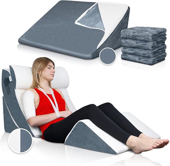 Lunix LX5 4pcs Adjustable Wedge Pillow Set White Navy + Extra Full Navy Cover Memory Foam Support System for Back, Legs & Relaxation - Bundle and Save 10%