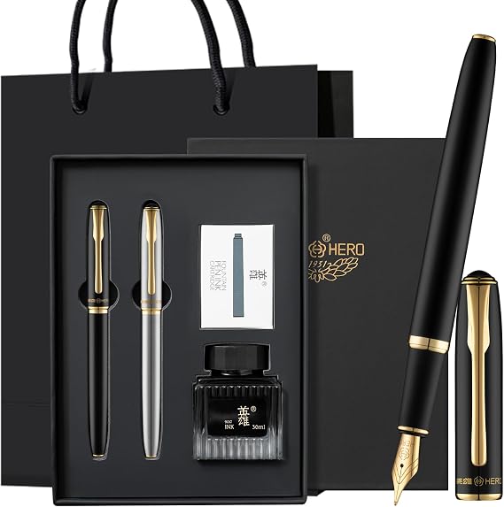 HERO Fountain Pen Set 2 Counts, Gloss Black &amp; Silver, Fine Nib, Smooth Writing Pen with 5 Ink Cartridges &amp; 30ml Ink Bottle, Luxury Gift Box for Journaling, Calligraphy &amp; Daily Use