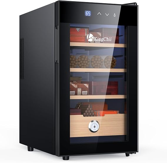 KingChii 48L Vertical Electric Cigar Humidor Cooling Control System Electronic Cooler Humidor Cabinet with Spanish Cedar Shelves and Hygrometer
