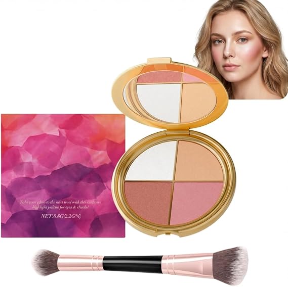 4-in-1 Make-Up Palettes - Blush Highlighter & Shimmer Eyeshadow Cheek Pallets - Multi-Purpose Face Makeup Palette with Double-Ended Brush - Portable Compact