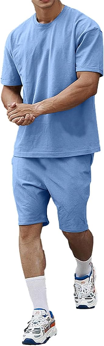 ANUFER Mens Cotton Crew Neck T-Shirt and Shorts Set Sports Activewear Tracksuit Summer 2 Piece Casual Outfits