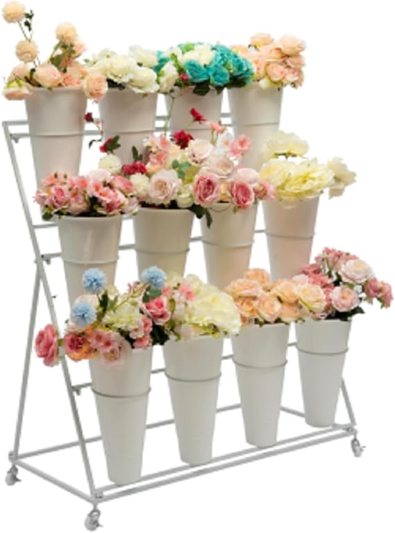 3-Tier Flower Display Stand with 12 Bucket, Heavy Duty Flower Cart with Wheels, Heavy Duty Moving Flower Rack for Florist, Indoor Outdoor Patio Garden, White, 99lbs Weight Capacity