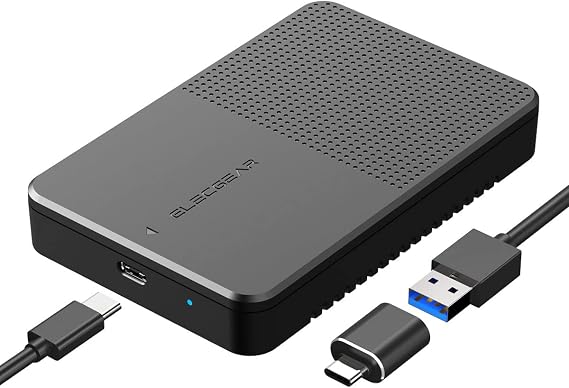 ElecGear USB C 3.1 Gen2 External Disk Enclosure for 7mm to 15mm 2.5-inch SATA Hard Drive, Portable Caddy Case Converter for Thick and Standard 2.5'' HDD and SSD, Type A Cable and USB C Adapter
