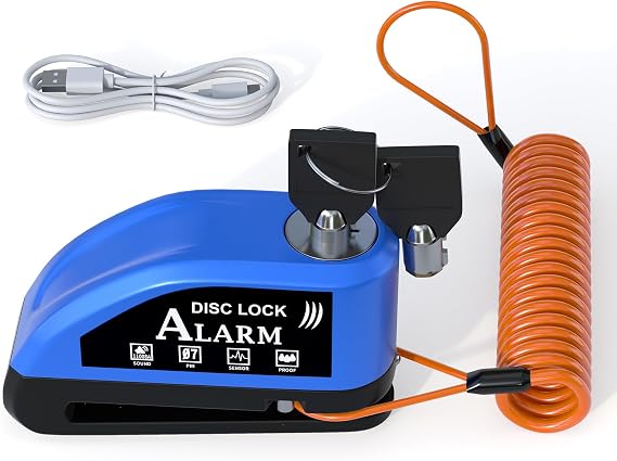 JAGASOL Motorcycle Lock Rechargeable, Alarm Disc Brake Lock with Reminder Cable, 110 dB Alarm Sound, Anti-Theft Waterproof, 2 H Fast-Charging, 9 Months Standby, 7 mm Lock Pin Universal for Bikes