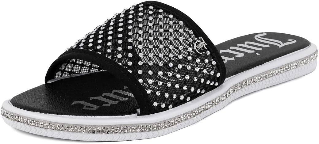 Juicy Couture Women's Slide Sandals - Glitter Bling Open Toe Sparkle Flats - Dressy Summer Casual Footwear