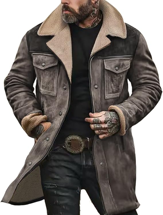 Western Jackets for Men Vintage Suede Jackets Western Cowboy Plush Collar Coats Faux Leather Zip up Winter Outfit