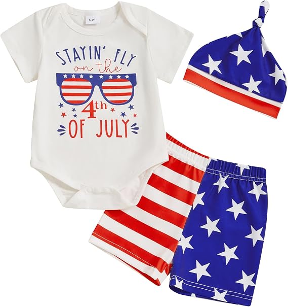 Infant Baby Boy First 4th of July Outfit Letters Print Short Sleeve Romper and Shorts Sets 3Pcs