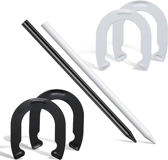 COCONUT Horseshoes Outside Game for Kids, Metal Horse Shoes Game Kit Includes 4 Horseshoes 2 Stakes, Backyard Beach Outdoor Game for Kids (Not for Adults) White Black