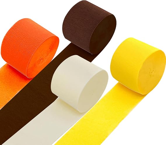 FUGUIR 4 Rolls Fall Crepe Paper Streamers Yellow Beige Orange Brown Craft Party Streamers Garland for Autumn Harvest Happy Thanksgiving Day Party Supplies (1.77 Inch x 82 Ft/Roll)
