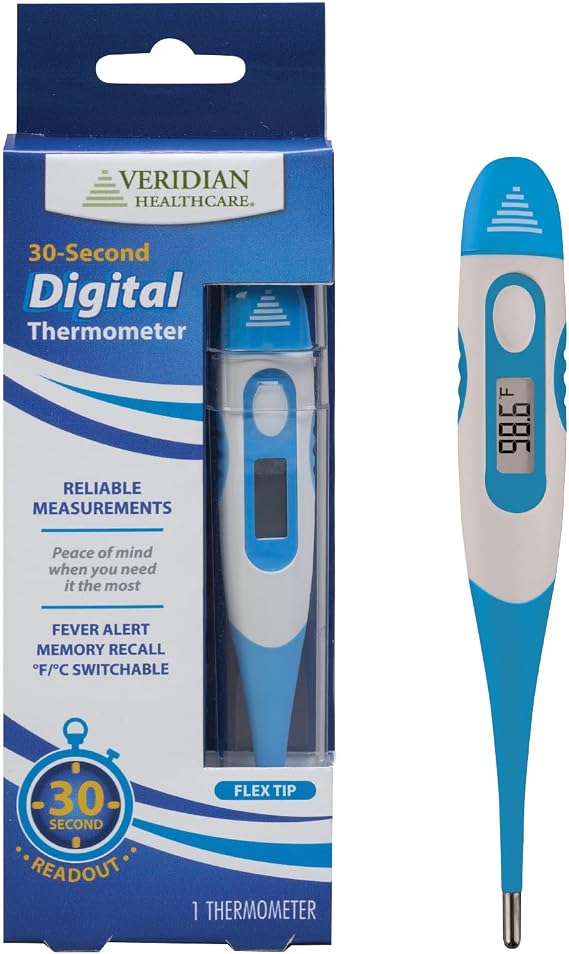 Veridian Oral & Rectal Digital Thermometer Stick Digital Display 08-355 1 Each | Oral, Rectal & Underarm Use, Fever Alert at 100.0F, Memory Recall, Waterproof, Storage Case & Probe Covers