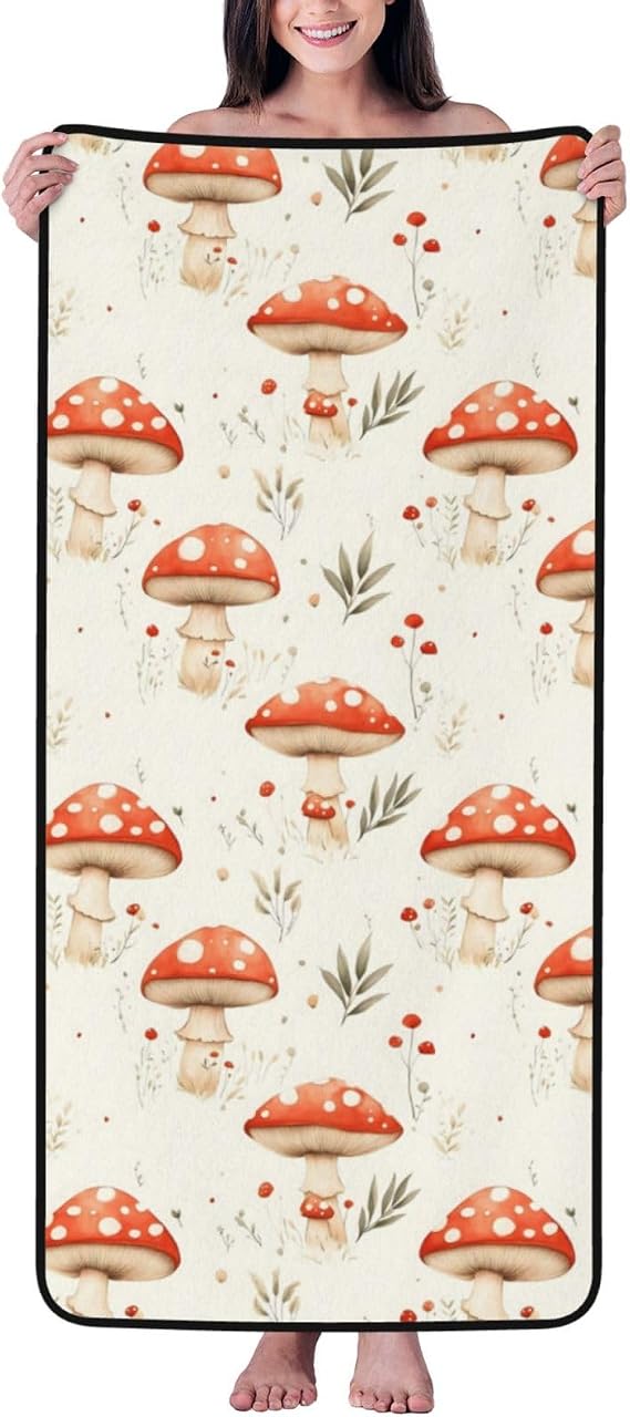 Bright Mushroom Red Print Extra Large Bath Towels, 27x55 in Beach Towel Shower Towels, Quick Dry Bathroom Towels Sheets, Microfiber Luxury Bath Towels for Bathroom Travel