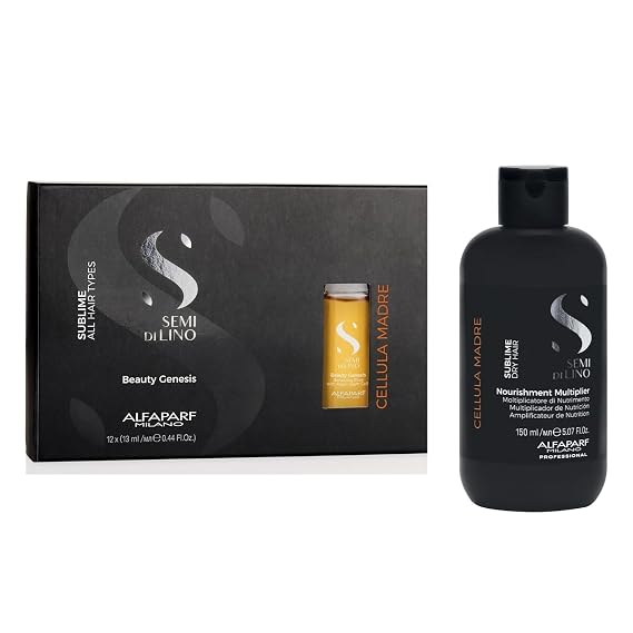 Alfaparf Milano Semi di Lino Cellula Madre Nourishing Set for Dry Hair | Beauty Genesis and Nourishing Multiplier - Argan Plant Stem Cell Treatment for Hair - Protects, Enhances Color Treated Hair