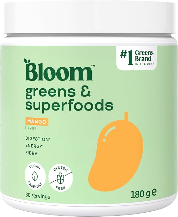 Bloom Super Greens Powder Mango (30 Servings) with Probiotics, Digestive Enzymes, Spirulina & Chlorella, Sugar-Free