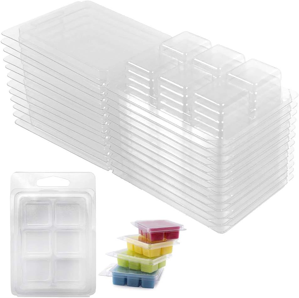 Wax Melt Molds 50 Pcs 6 Cavity Resuable Clear Plastic Clamshell Mould Cube Tray for Candle Making and Soap Wax Melts Boxes