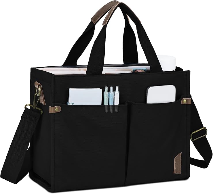 VASCHY Canvas Tote Bag for Women, Casual Sturdy Work Satchel Teachers Tote Purse with Zippers Pockets Crossbody Shoulder Bag