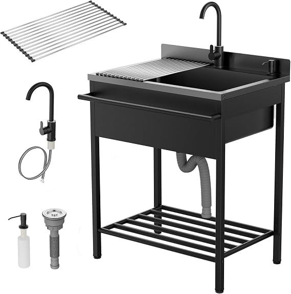 ROVSUN Stainless Steel Utility Sink, Free Standing with Faucet & Draining Rack for Laundry Room, Kitchen, Restaurant, Garage, Outdoor Garden, Backyard, Industrial 22"D x 30.71"W x 40.35"H Black