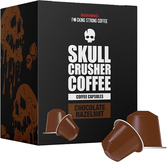 Chocolate Hazelnut Flavoured Skull Crusher High Caffeine Coffee Pods – 25 Aluminium Capsules Compatible with Nespresso Machines – Dark Roast Espresso – Rainforest Alliance Certified