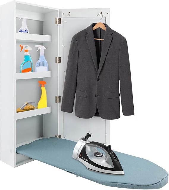 Wall Mounted Ironing Board with Storage Cabinet Built in Swivel Ironing Board with 3Tier Shelf & Dressing Mirror for Home Apartment & Small Spaces
