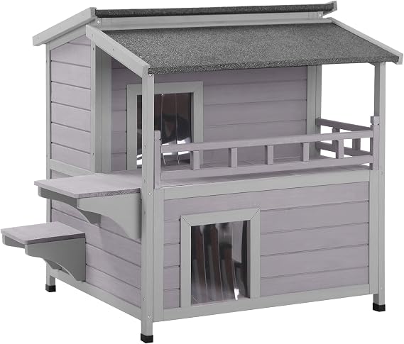 Suumerpety Outdoor Feral Cat House Cat Enclosure Weatherproof Cat Shelter Wood Small Pet House Outside Two Story Cat Home with Sunbath