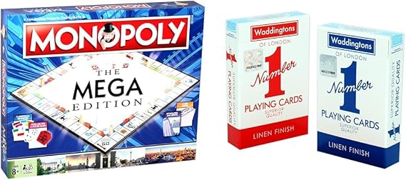 Winning Moves Mega Monopoly, an upgrade on the classic game board with 12 extra spaces & Waddingtons Number 1 Playing Card Game, play with the classic Red and Blue Twin Pack