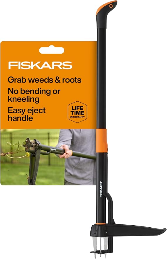 Fiskars Deluxe Stand-Up Weed Puller Tool, 4 Serrated Stainless Steel Claws | Claws Grip Dandelion Roots & More for Permanent Removal, Foot Pedal Penetrates Tough Soil, Easy-Eject, Long Ergonomic Handle