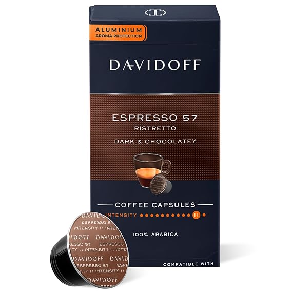 DAVIDOFF Espresso 57 Coffee Capsules. Nespresso Machine Compatible - Dark and Chocolatey - 100% Arabica Beans - 11/12 Intensity. 12/12 Roasting. 2/12 Acidity - 1 x 10 Capsules - 1.94 oz