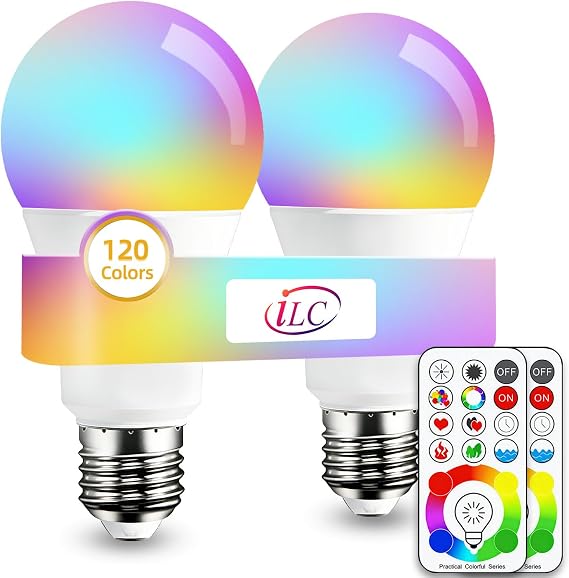 ILC LED Color Changing Light Bulb, 120 Colors, 5700K Daylight White, 70 Watt Equivalent with Remote Control RGBW RGB Daylight and White Timing Function - A19 E26 Edison Screw (2 Pack)