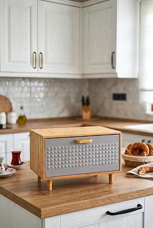 Bambu Gövdeli Gri Pane Ekmek Dolabı 36x23x24 cm - Demonte Ayaklı Tezgah Üstü Ekmeklik