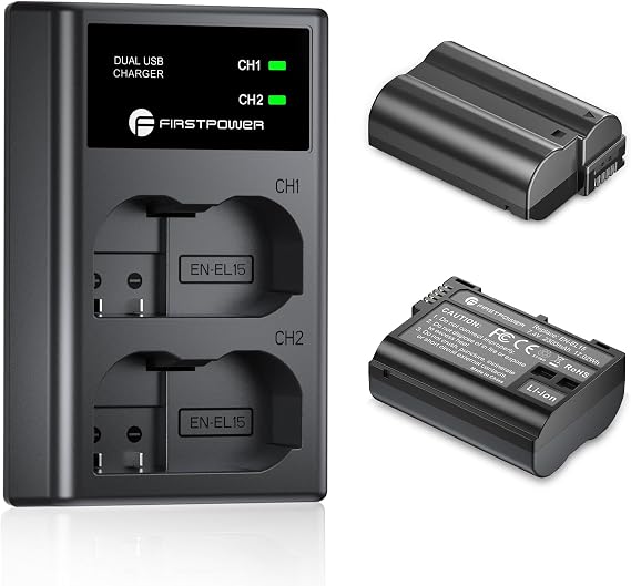FirstPower EN-EL15/EL15a/EL15b/EL15c Batteries 2-Pack & USB Dual Charger