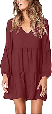 Womens Ruffled Hem Dress Long Sleeve Solid Loose Floey Casual Dress Cute V Neck Tiered Dress Fall Fashion Dress