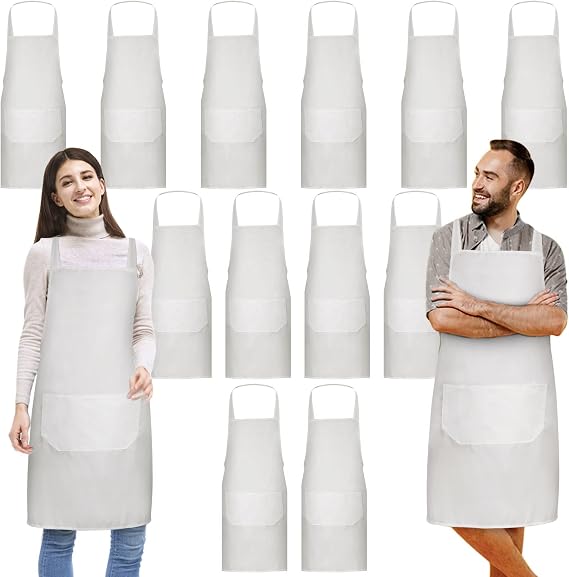 12 Pack Bib Apron,White Aprons Bulk,Unisex Plain Bib Aprons with 2 Pockets,Blank Apron with Long Ties for Adults Cooking Painting BBQ Grilling Baking Machine Washable,32 x 28 Inch