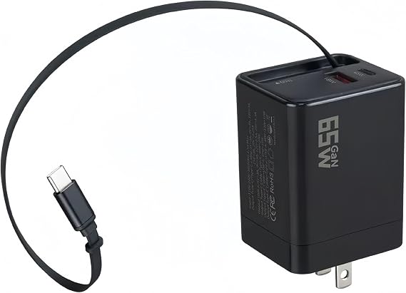 65W Rapid Charger 2C1A USB-C PD Compatible with 80cm Automatic Cable with PSE Certified Folding Plug for iPhone 16/15/14 Pro Max, Android, Galaxy, MacBook, iPad for Travel/Business Trip