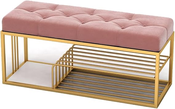 OCKULT Shoe Bench Storage Bench for Living Room,Velvet Entryway Bench with Upholstery Seat, 3 Tier Shoe Rack Bench with Metal Frame (Color : Yellow, Size : 80 * 30 * 45cm)
