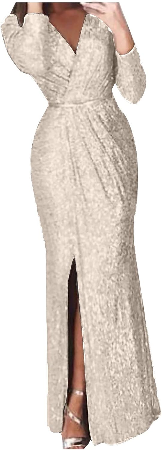 Long Sleeve Dress for Women Sequin Sparkly Shining Party Prom Wedding Formal Evening Gowns Maxi Dresses with Split