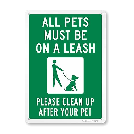 SmartSign "All Pets Must Be On A Leash Please Clean Up After Your Pet" Metal Sign with Dog on Leash Symbol, 14 x 10 inch, 40 mil Laminated Rustproof Aluminum, Green and White, Made in USA