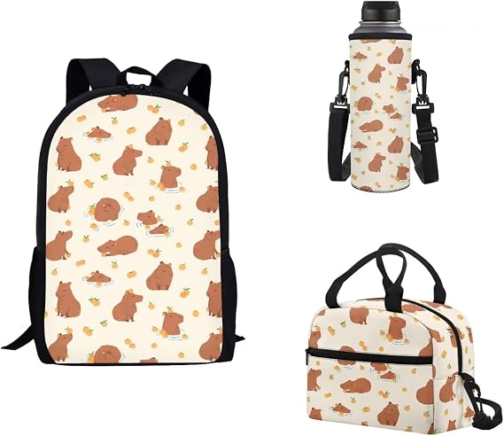 Full Set of 3 School Bags for Kids Teenage Student Capybara Backpacks Casual Large Bookbag with Water Bottle Sleeve Insulated Thermal Lunch Bag