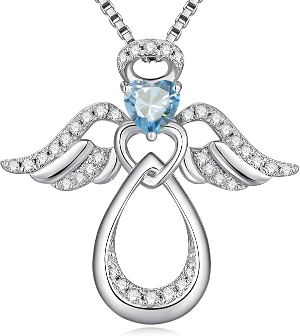 jiamiaoi 18K White Gold Plated Angle Wing Cross Necklace 925 Sterling Silver Cross Necklaces with 12month Birthstone,Come with Gift Box