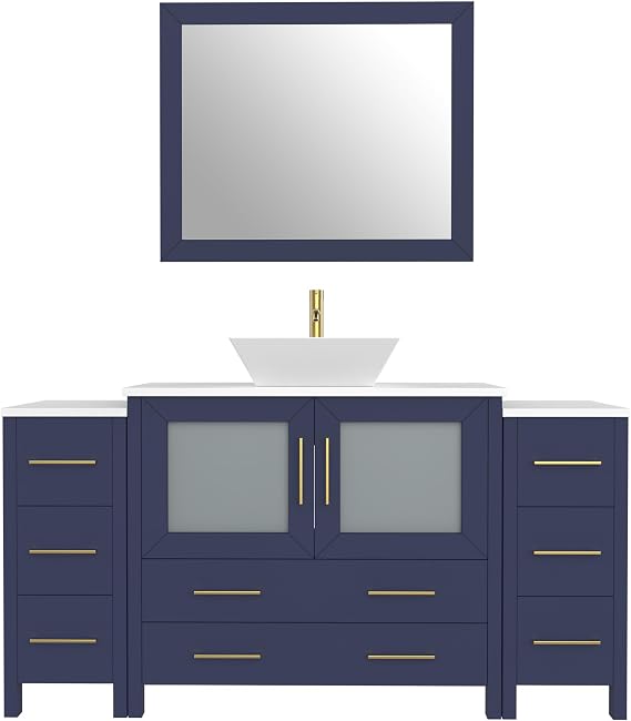 HomeBeyond 60" Bathroom Vanity Cabinet Vessel Single Sink Combo Set with 1 Mirror,Engineered Marble Top Compact Set with 8 Dovetail Drawers and Soft Closing Doors,Blue