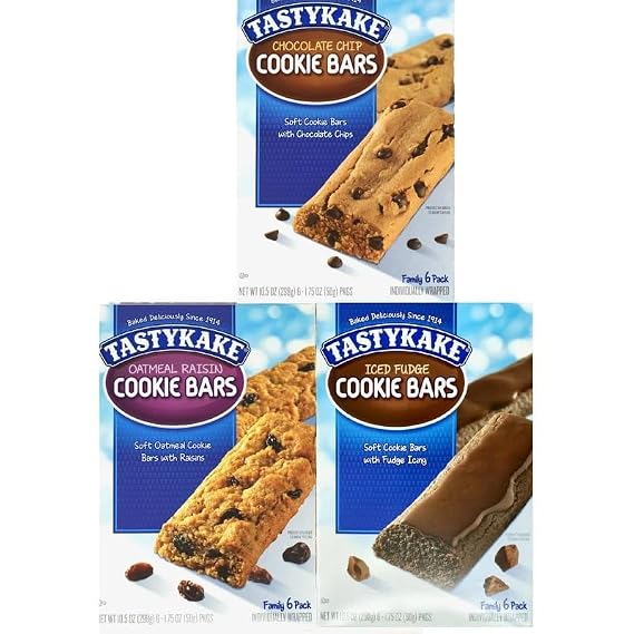 Tastykake Chocolate Chip Cookie Bars, Oatmeal Raisin Cookie Bars, Iced Fudge Cookie Bars, Family 6 Packs, Individually Wrapped - 1 Box of Each
