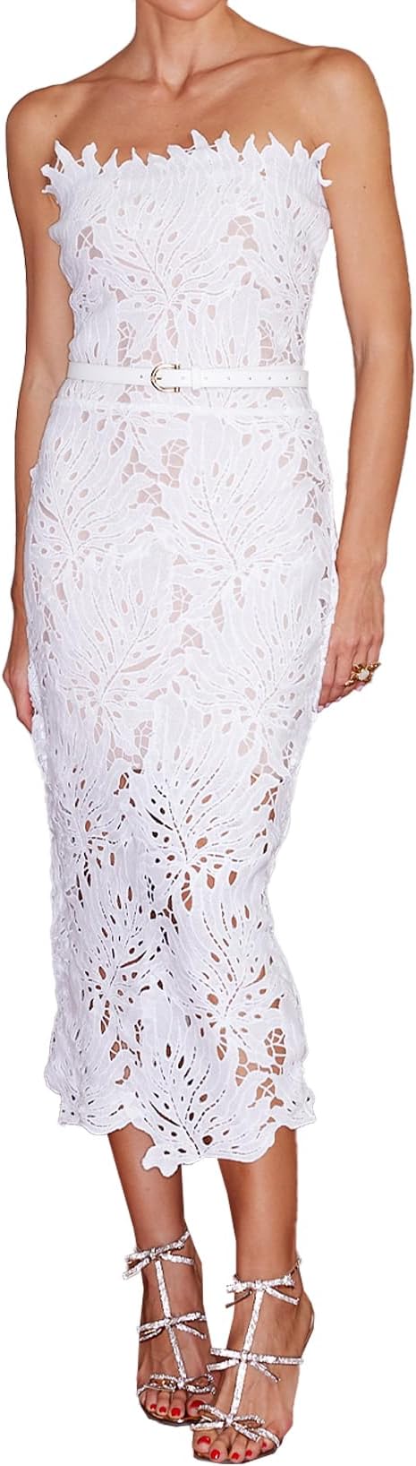 Midi Bandage Dress Classy Vintage Dress for Women White Lace Dress