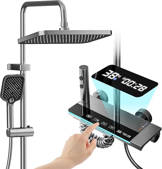 Shower Faucet Sets Complete Thermostatic Shower System Piano-Key Digital Shower Combo Wall Mounted Shower Trim Kit with 11.8" Rain Shower Head,4.5" Shower Head 2 in 1 Handheld Tub Spout (Gray)