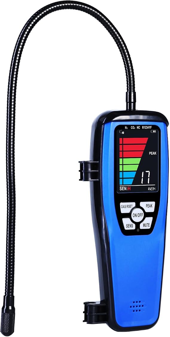 HVAC Refrigerant Leak Detector Heated Diode Portable 17' Goosneck Probe Sensor Freon Leak Detector with Audible, Visual Alarm and LCD Bar Graph Display