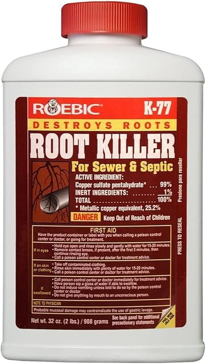 Roebic K-77 Granular Tree Root Killer, Chemical Septic System, Drain Field and Sewer Line Pipe Clog Remover and Root Destroyer, Safe for Bathroom Toilet, 32 oz, (Pack of 2)