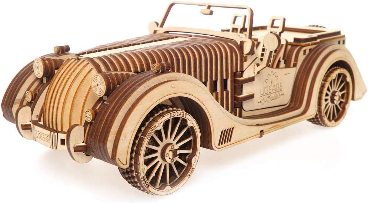 Ugears Roadster VM-01 3D Puzzle - 3D-Puzzle Vintage Car Wooden Model Kits for Adults to Build - Mechanical Building Set - 3D Wooden Puzzles for Adults with Working V8 Engine - 437 Pcs