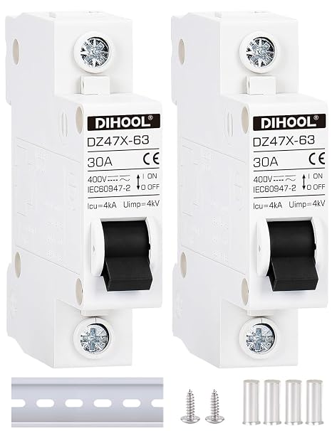 DIHOOL AC/DC Miniature Circuit Breakers, 2 Pack, Single Pole 30 Amp, 12V 24V 48V 400V, Non Polarized, Solar Disconnect Switch, DIN Rail Mount, RV Battery Isolator, PV Array MCB, Thermal Magnetic Trip