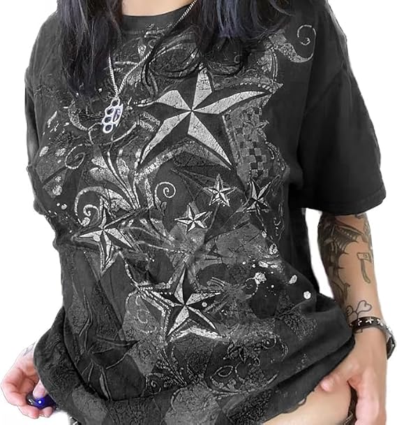Short Sleeve Grunge T Shirts Women Teen Girls Gothic Vintage Graphic Tops Emo Goth 2000s Baggy Tees Streetwear